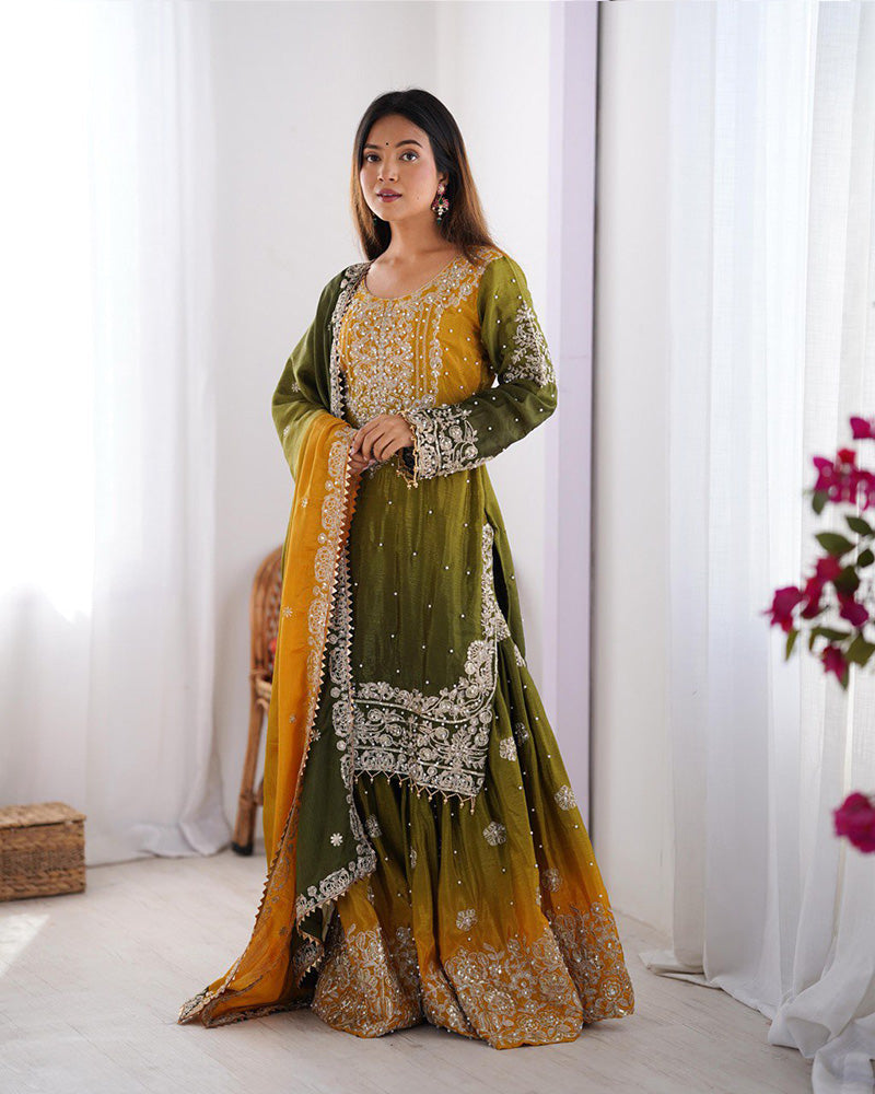 Mehndi color chinnon sequence work plazzo suit