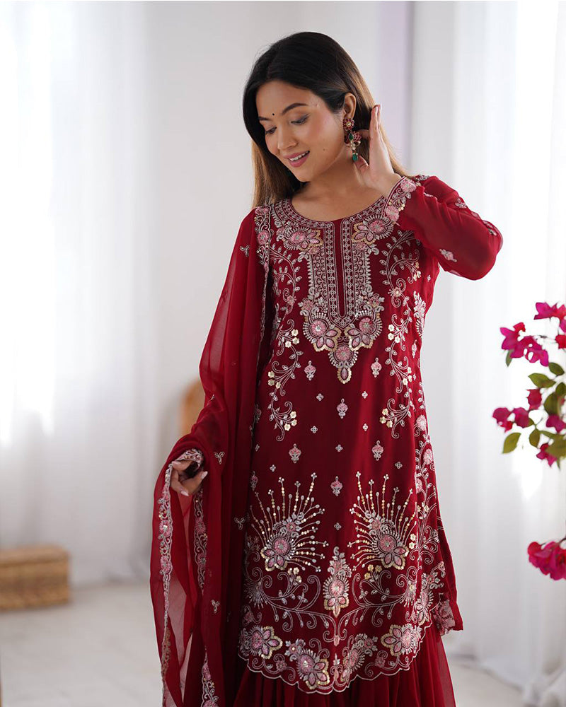 Maroon color faux georgette sharara suit
