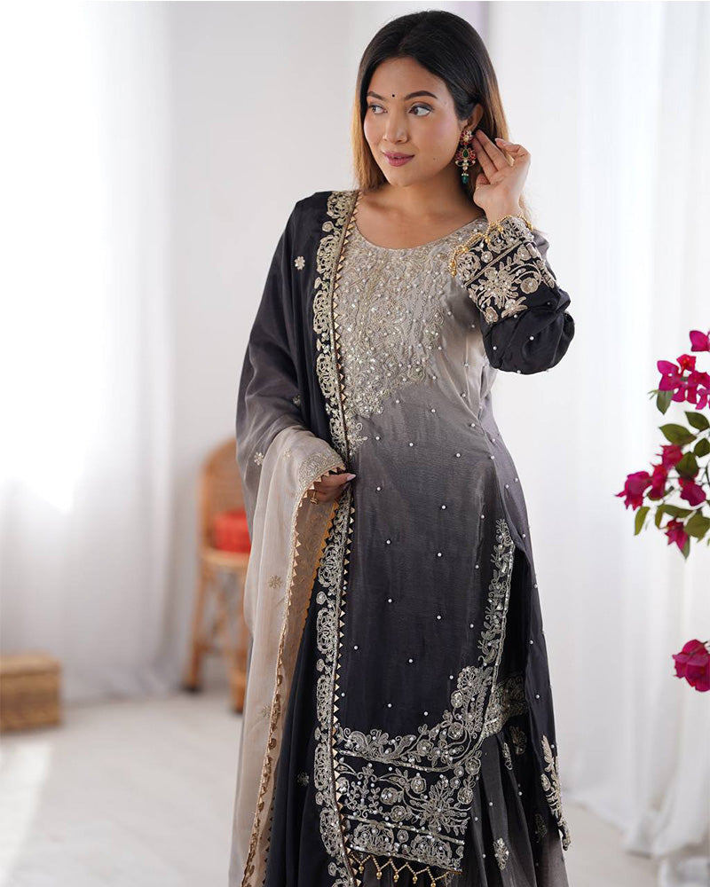 Mehndi color chinnon sequence work plazzo suit (Copy)