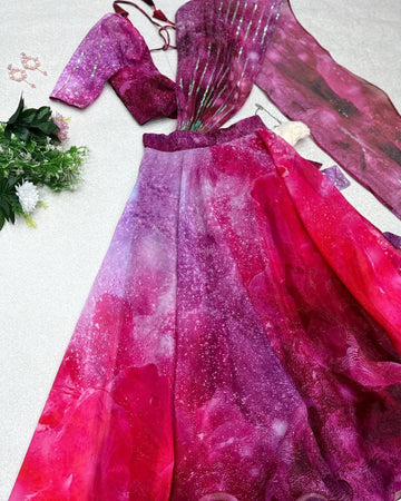 Printed Wine Color Lehenga With Fancy Blouse Attached Dupatta