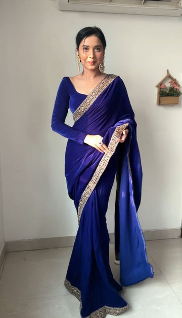 Magnificent Blue Velvet Ready To Wear Saree