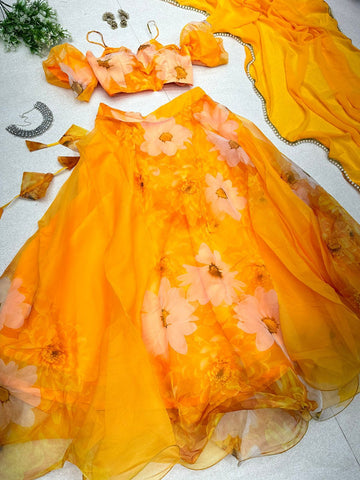 Haldi Wear Yellow Color Digital Printed Organza Silk Lehenga Choli