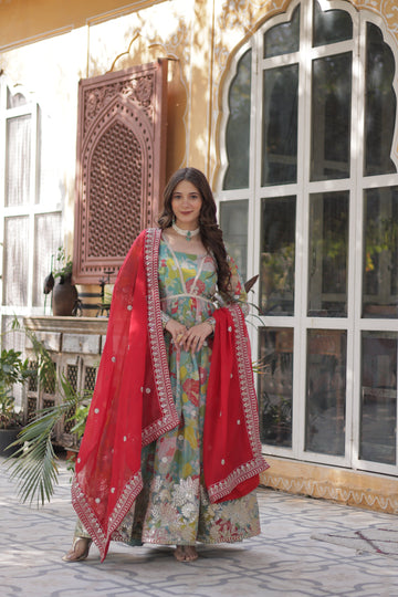 Lime Green Color Alia Cut Embroidered Gown With Dupatta
