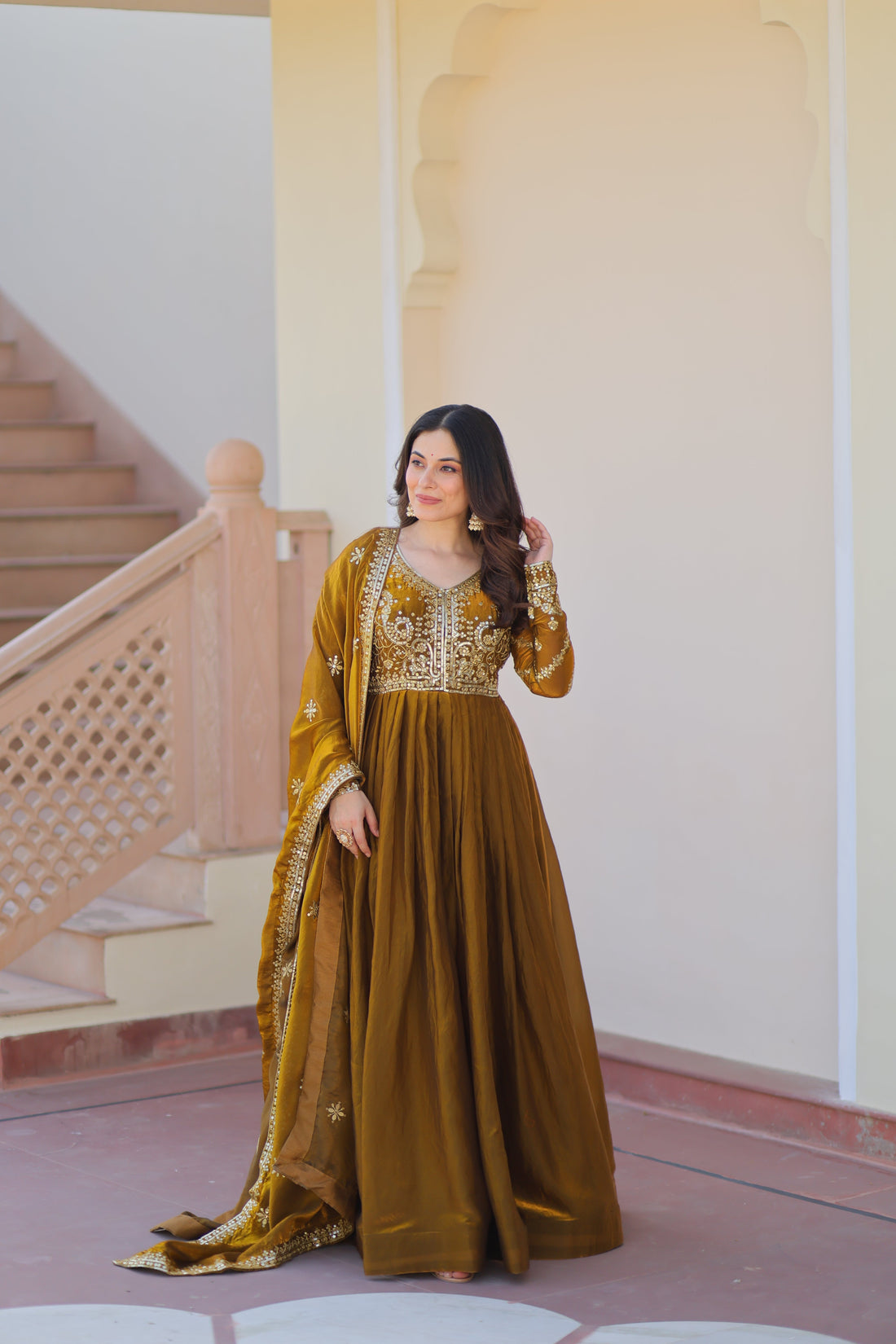 Mehndi Color Fendi Embroidered Gown
