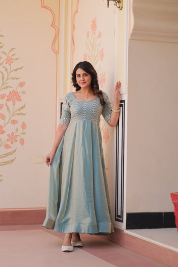 Sky Blue Color Fendi Embroidered work Gown