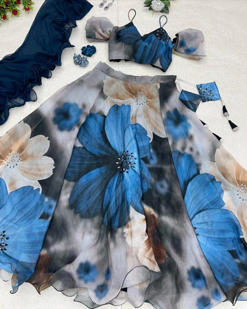 Elegant Sky Blue Color Printed Organza Lehenga Choli