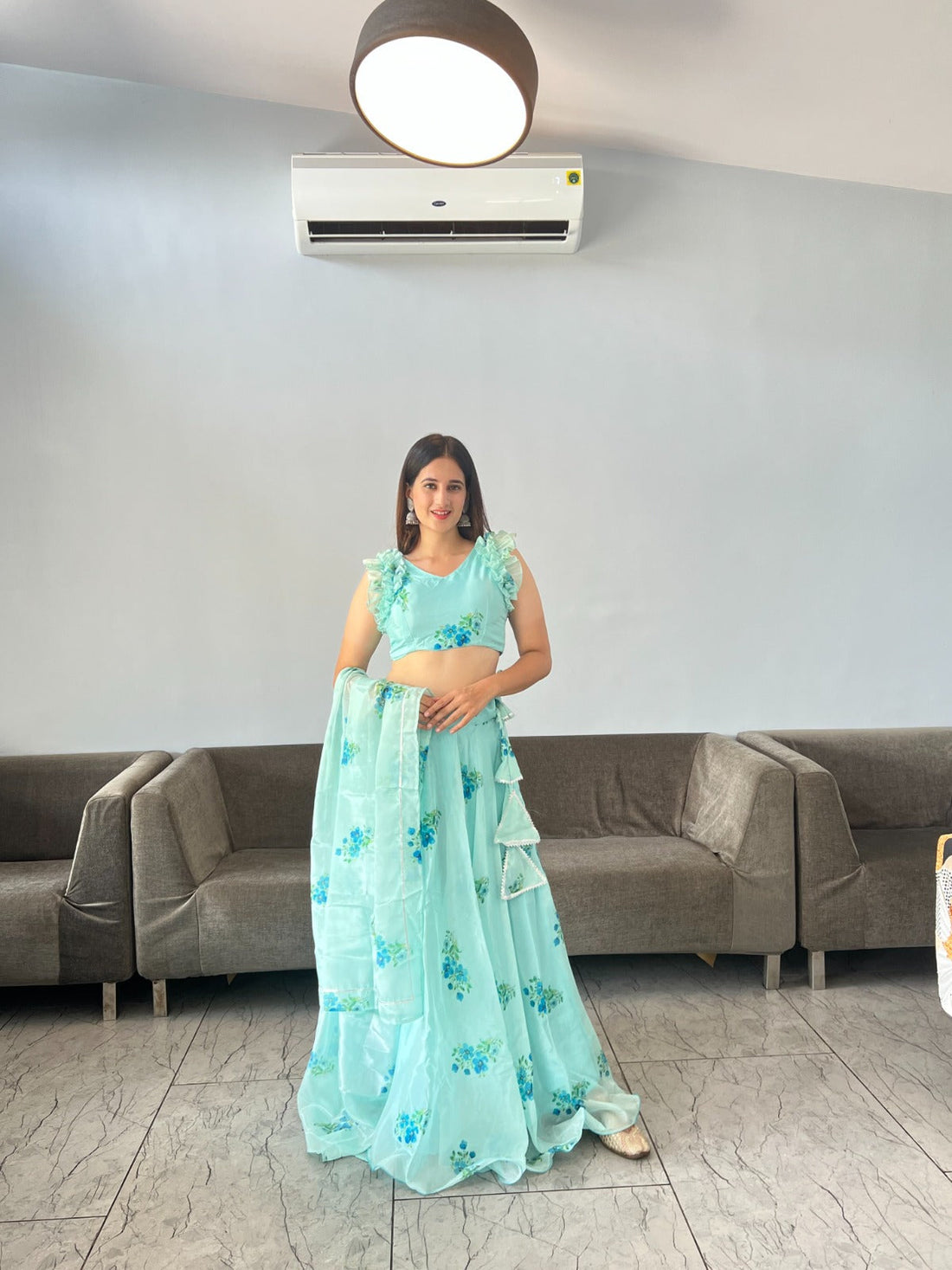 Mesmerizing Aqua Green Color Organza Silk Lehenga Choli