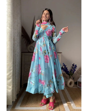 Aniska Sky Blue Floral Print Anarkali Suit