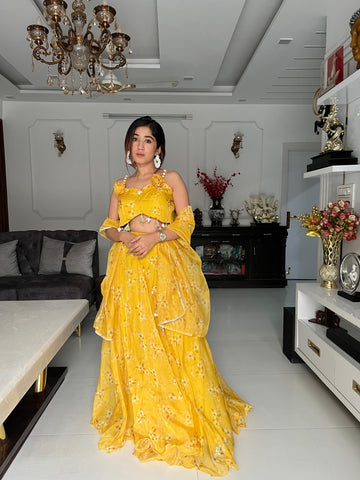 Glimmering Haldi wear Yellow Color Jimmy Organza Lehenga Choli