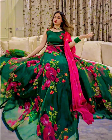 Multi Floral Print Green Color Organza Silk Lehenga Choli