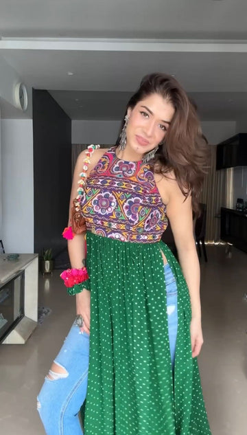 Green Bandhani Printed Mirror Work Kurti