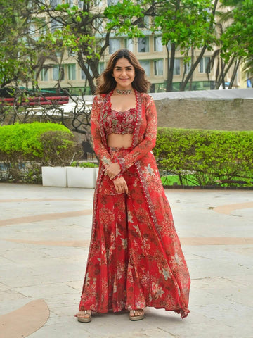 Mrunal Thakur Inspired Red Fringe Indo Western