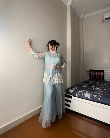 this Indo-Western outfit blends elegance with modern style.