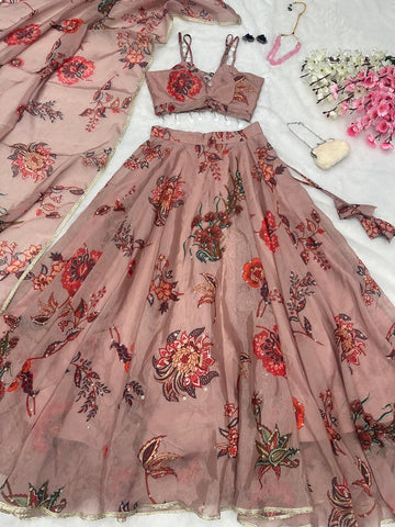 Dusty Pink Organza Silk Floral Printed Lehenga Choli