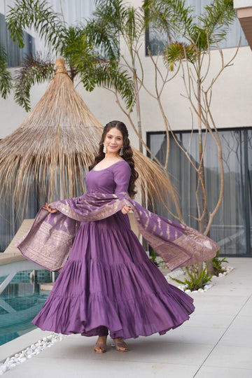 Dusty Purple Color Pure Chanderi Silk Frill Style Anarkali Suit