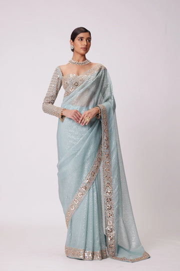 Designer Blue Organza Saree with Mirror & Sequin Embroidery and Sweetheart Neck Blouse