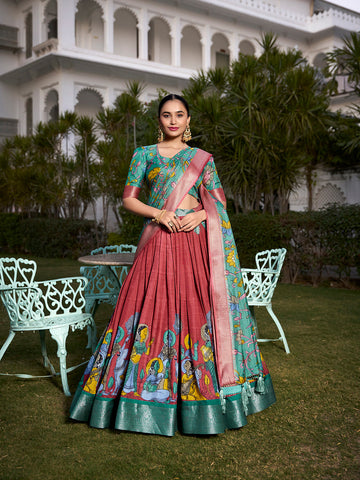 Salmon Color Kalamkari Printed With Zari Weaving Border Dola Silk Lehenga Choli
