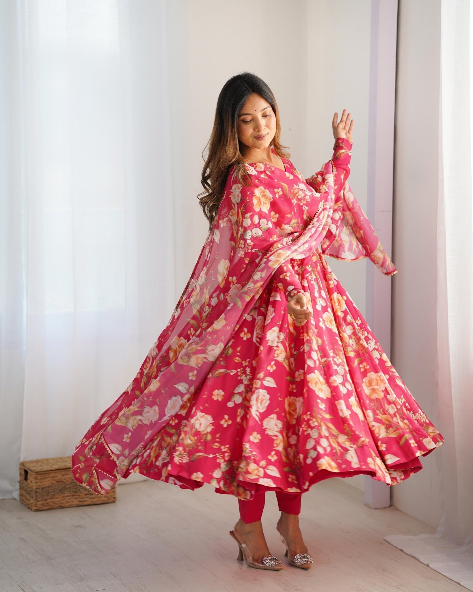 Rani pink color pure soft organza three piece anarkali suit