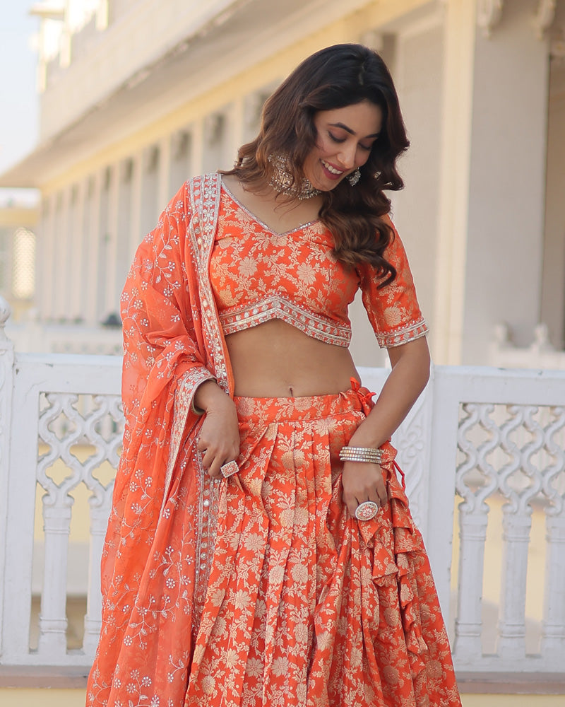 Orange Color Pure Viscose Jacquard Lehenga Choli