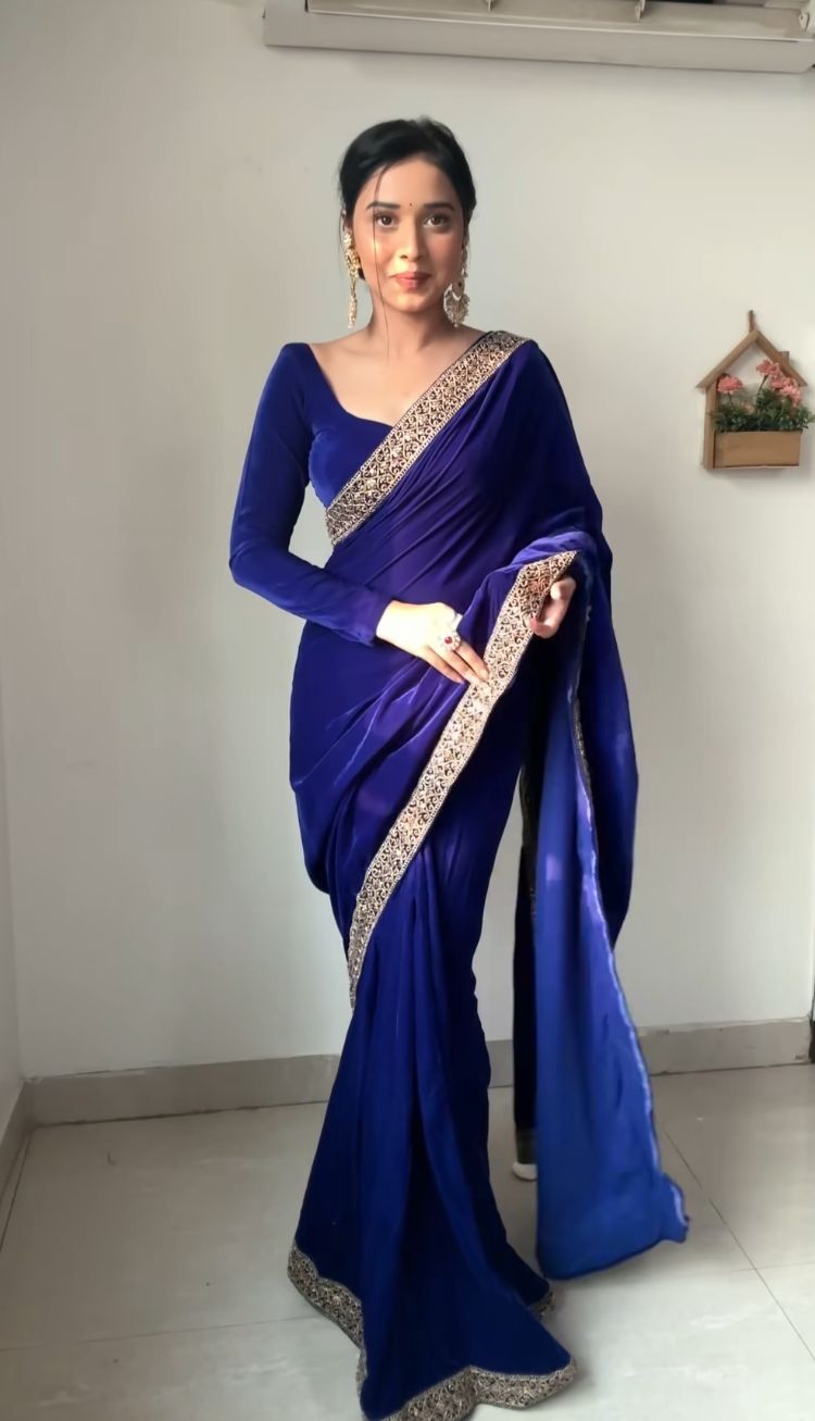 Magnificent Blue Velvet Ready To Wear Saree