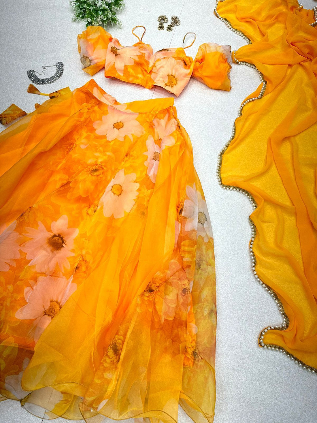 Haldi Wear Yellow Color Digital Printed Organza Silk Lehenga Choli