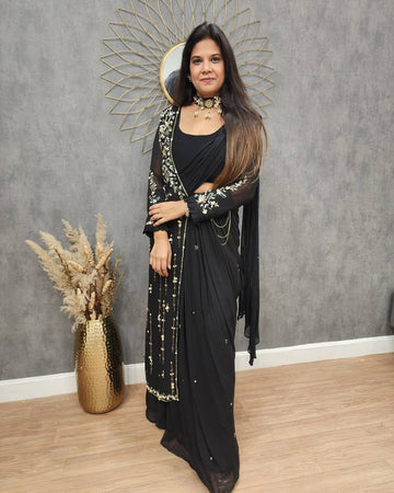 FANCY PARTY WEAR FAUX GEORGETTE LEHENGA SAREE WITH BLOUSE & SHRUG