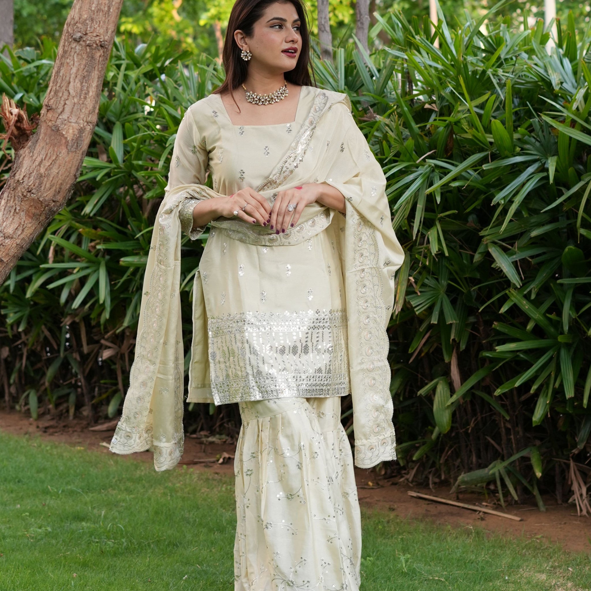 Diksha Pawar Beautiful Cream Colour Embroidery Sequence Work Sharara Suit