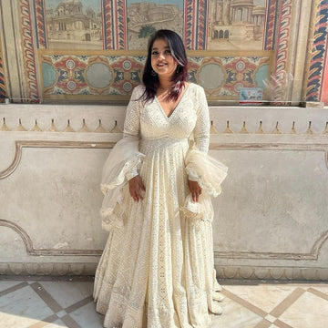 White Lakhnawi Embroidered Georgette Fully Stitched Long Anarkali Suit Set