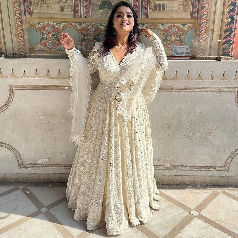 White Lakhnawi Embroidered Georgette Fully Stitched Long Anarkali Suit Set