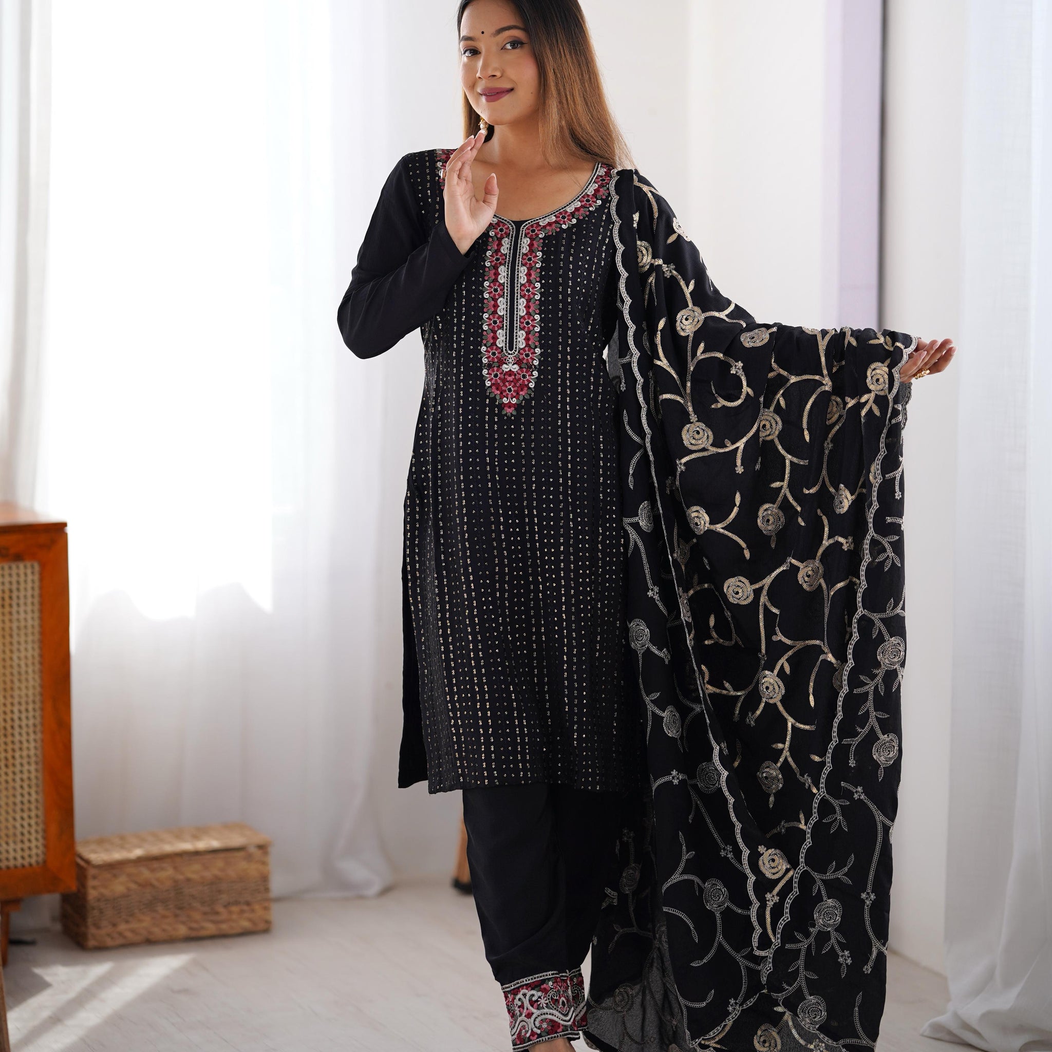 Black Color Chinon Silk Three Piece Kurti Suit
