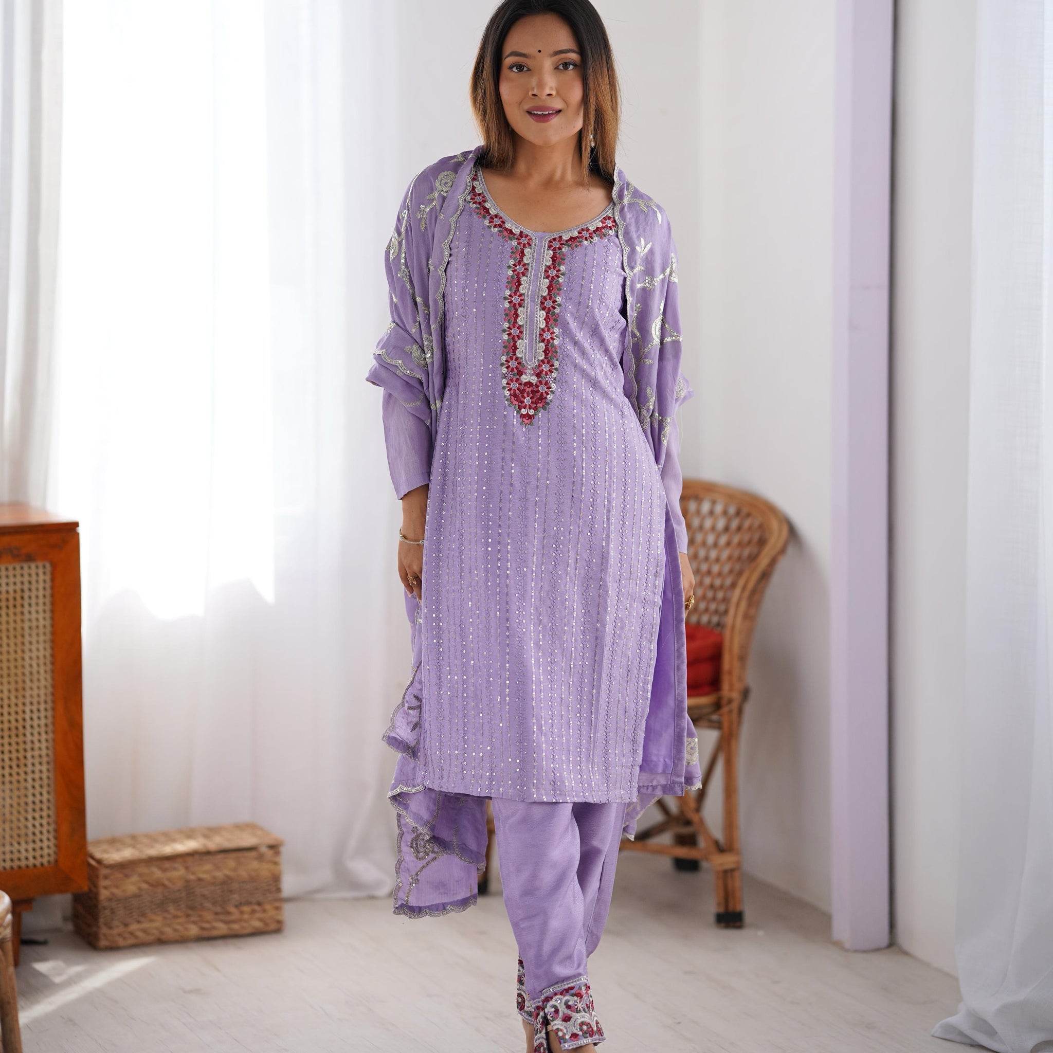 Light Purple Color Chinon Silk Three Piece Kurti Suit