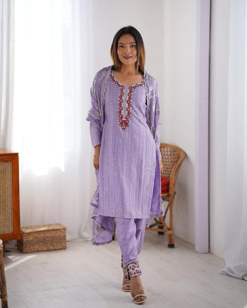 Light Purple Color Chinon Silk Three Piece Kurti Suit