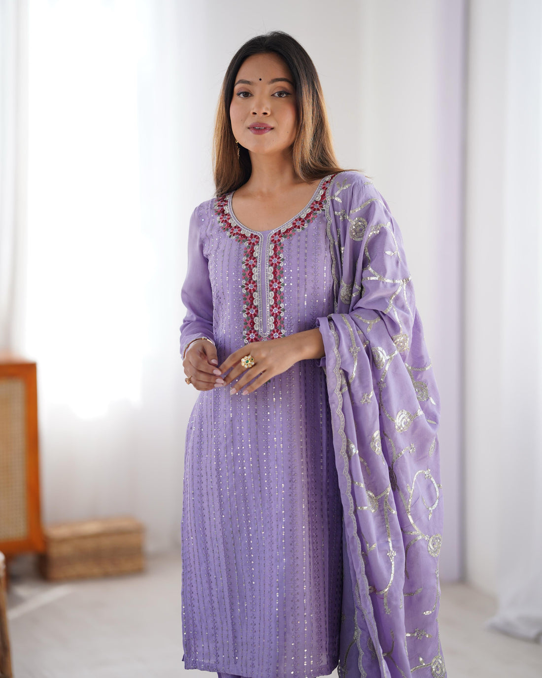 Light Purple Color Chinon Silk Three Piece Kurti Suit