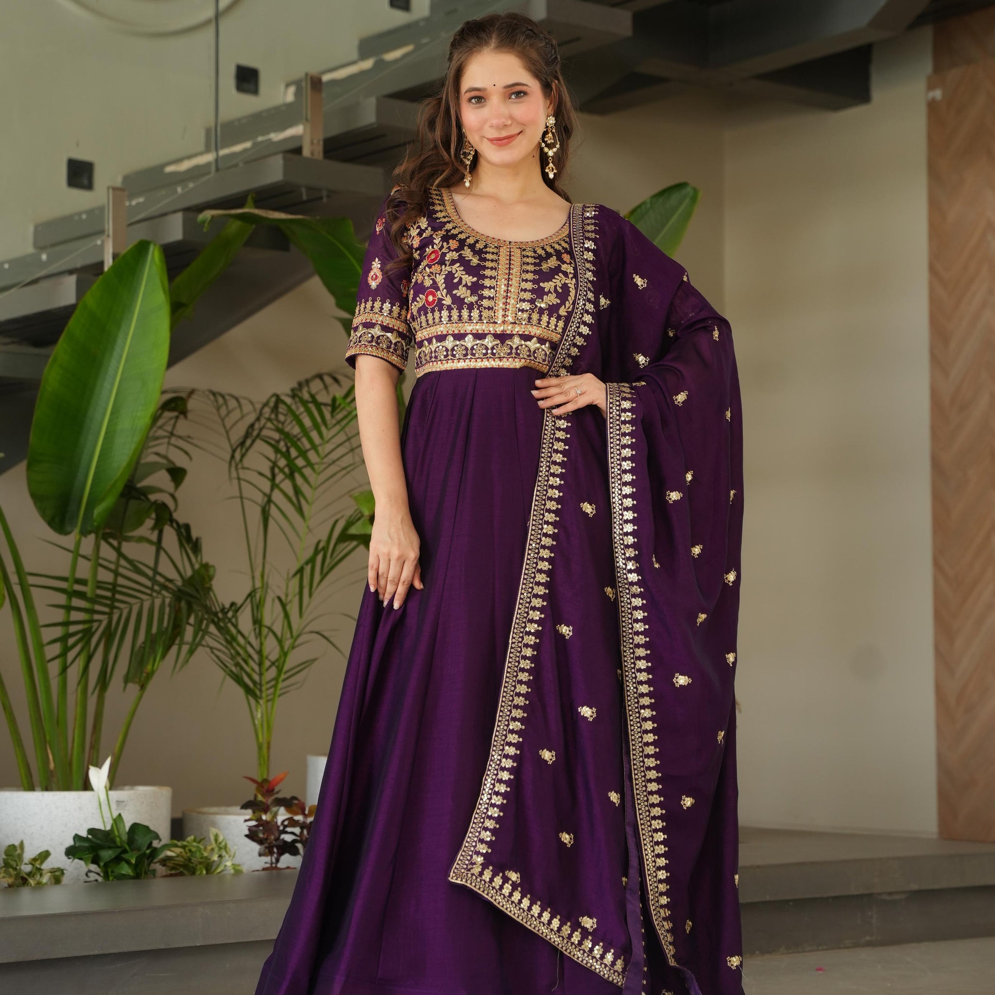 Wine Color Vichitra Silk Embroidered Gown