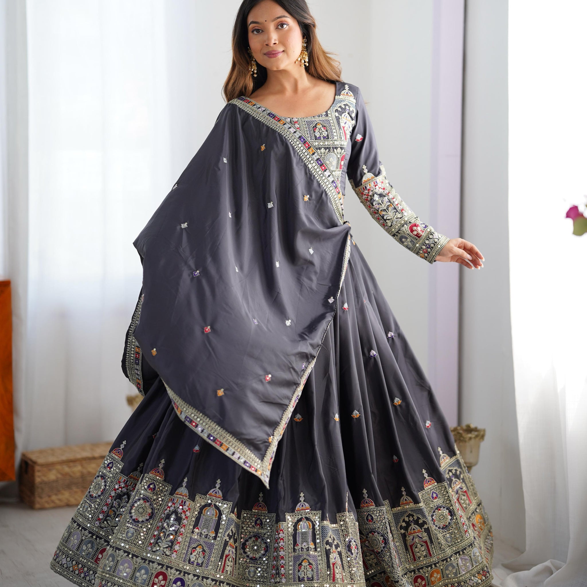 Black Color Natural Crepe silk Lehenga Choli