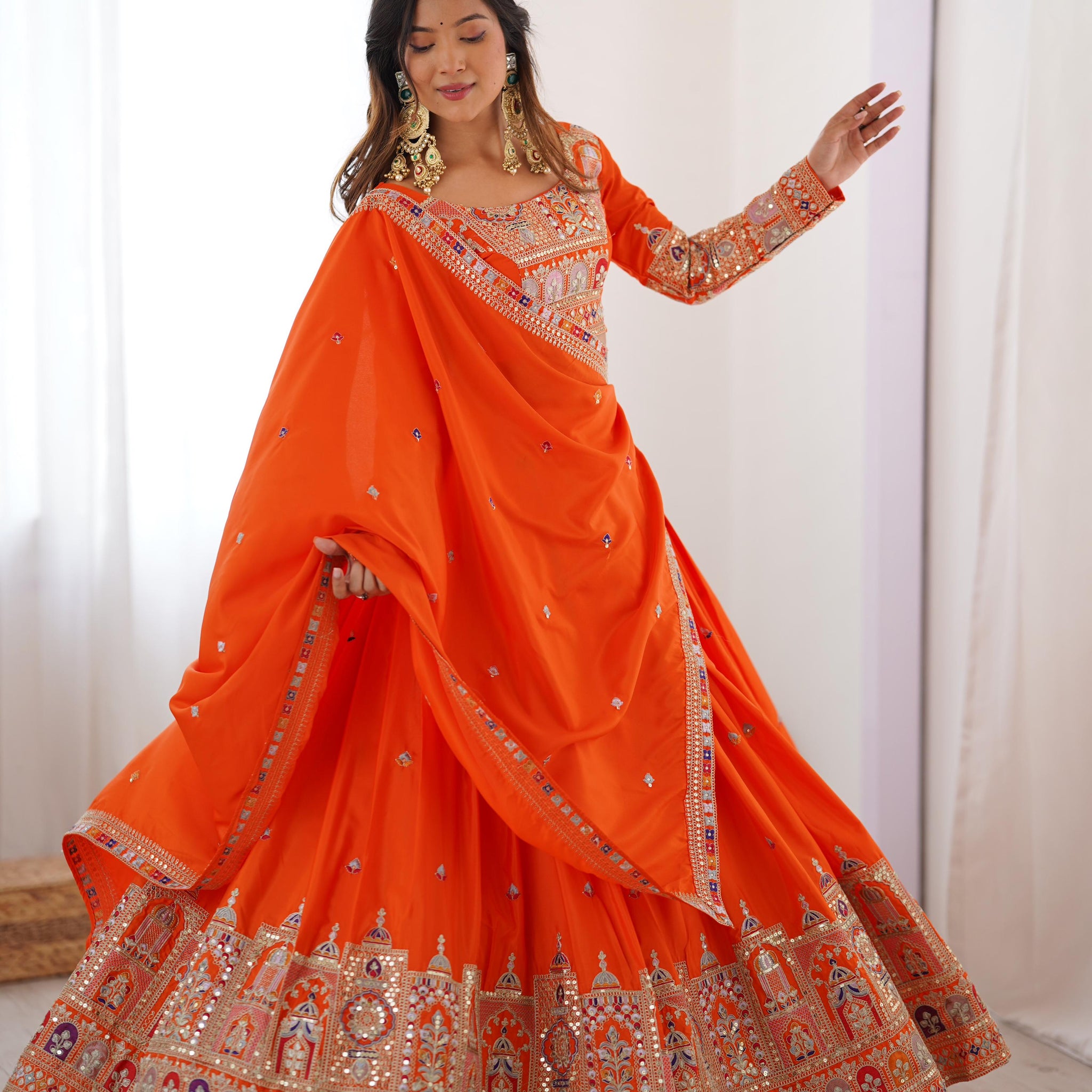 Orange Color Natural Crepe silk Lehenga Choli