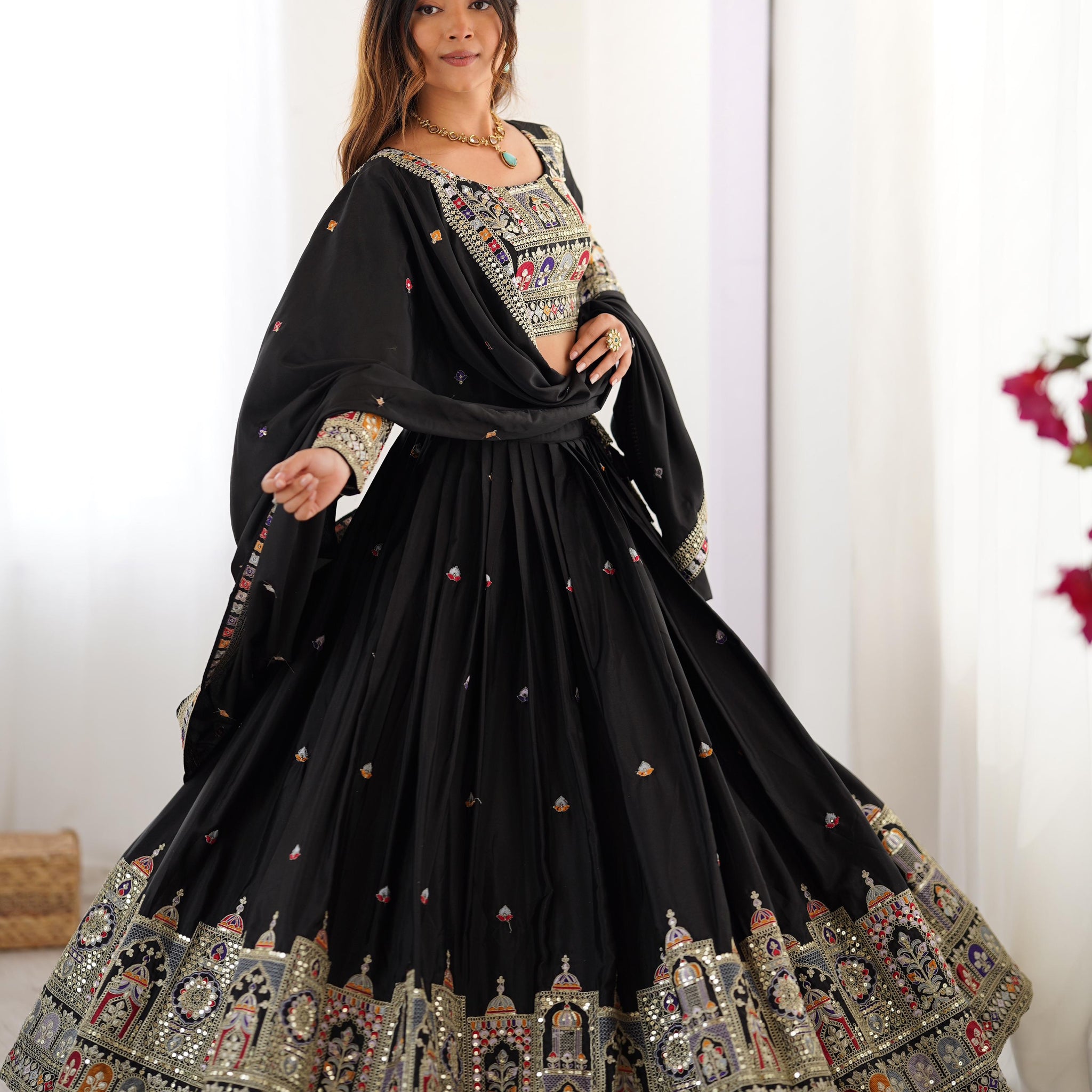 Black Color Natural Crepe silk Lehenga Choli