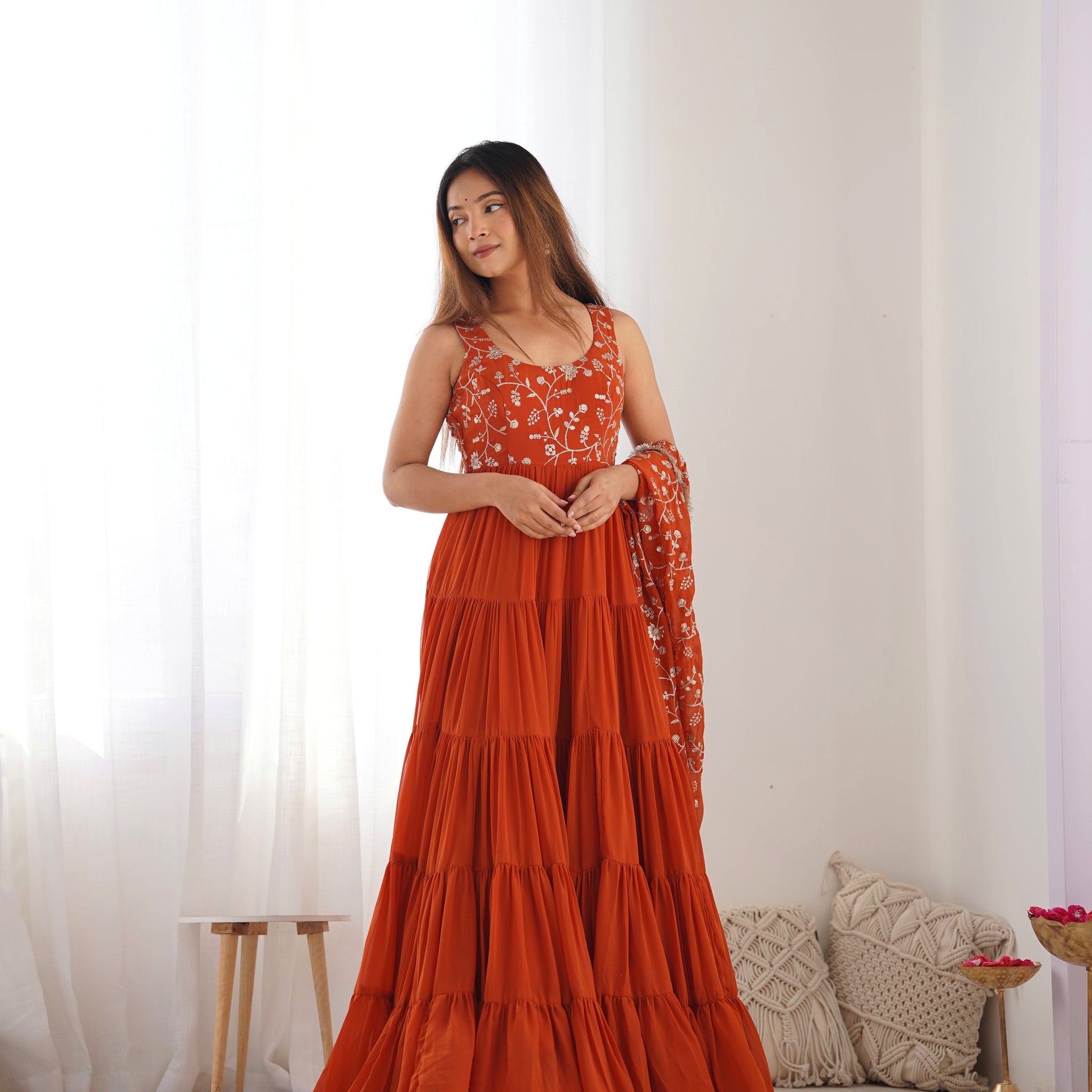 Orange Color Georgette Five Layer Ruffle Style Anarkali Suit