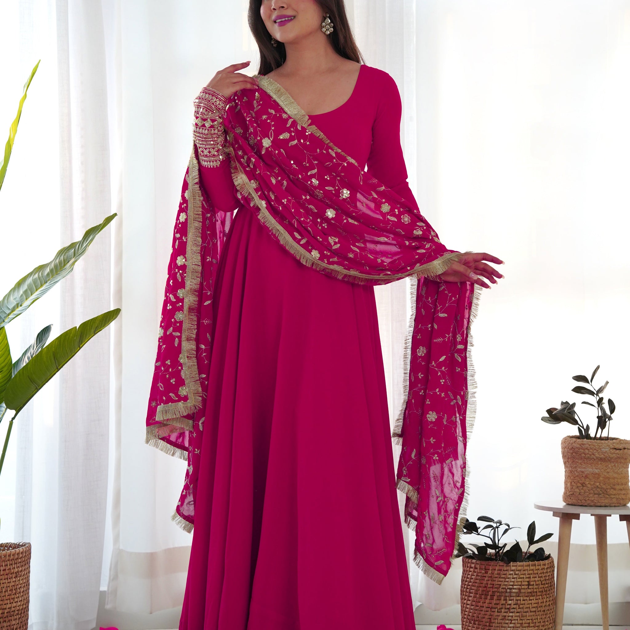 Attractive Pink Anarkali Suit Set With Heavy Dupatta