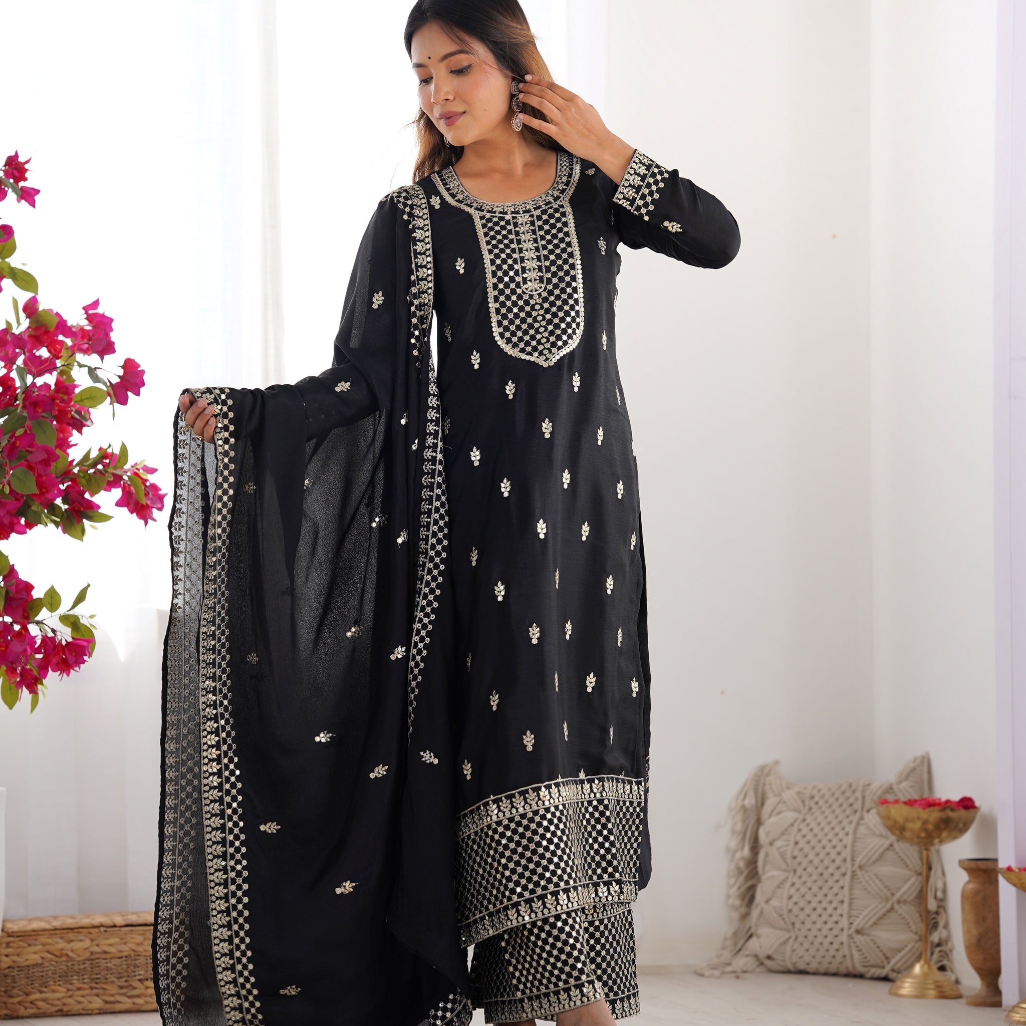 Black Color Chinon Silk Three Piece Kurti Suit