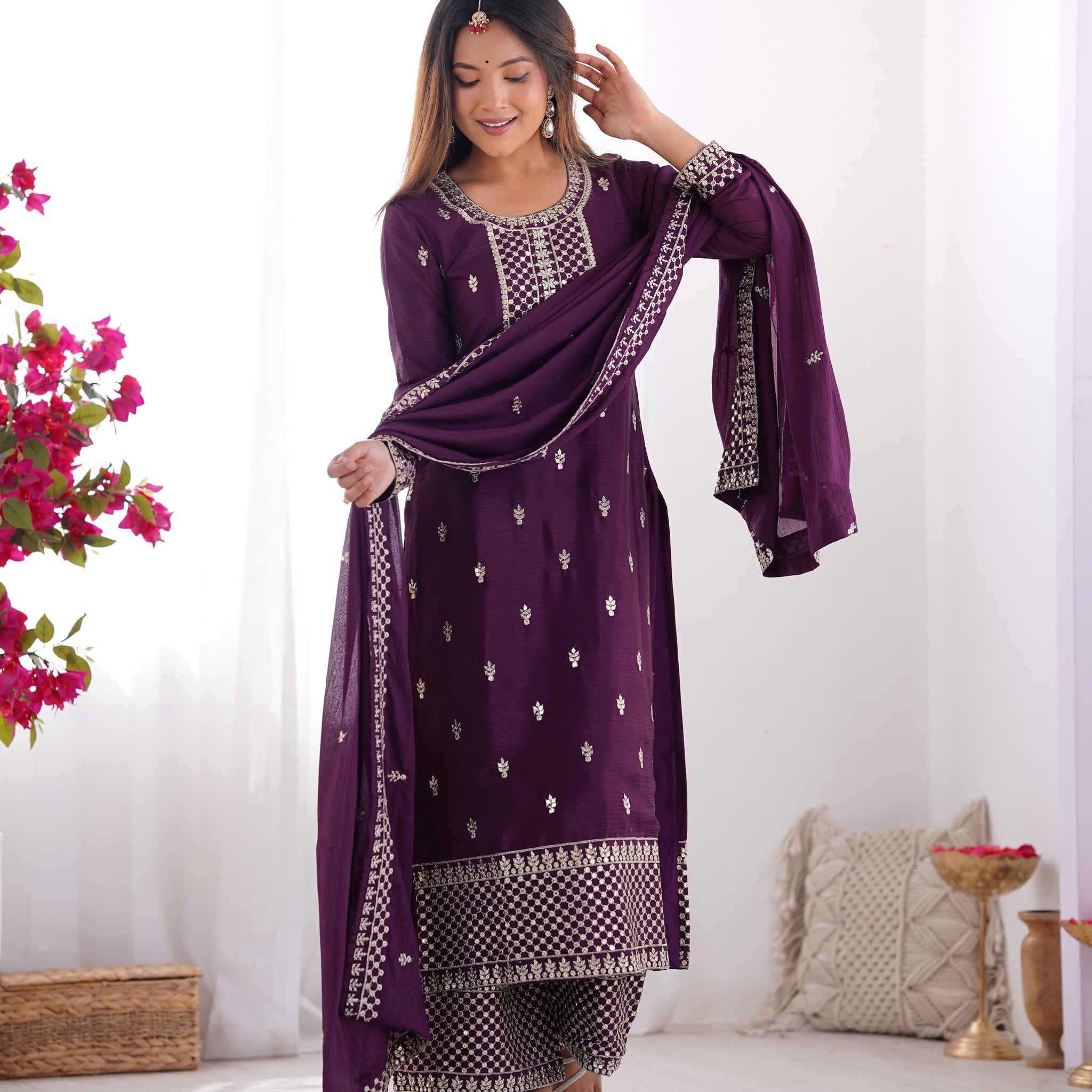 Wine Color Chinon Silk Three Piece Kurti Suit