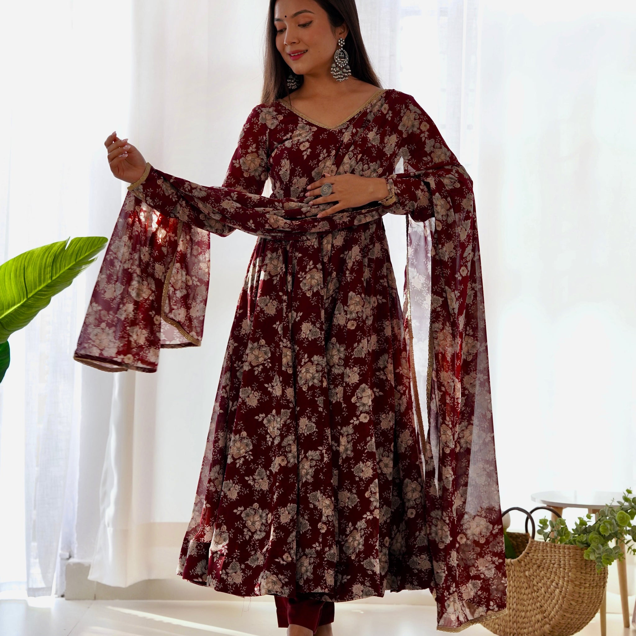 Dark Maroon Floral Printed Georgette Anarkali Suit