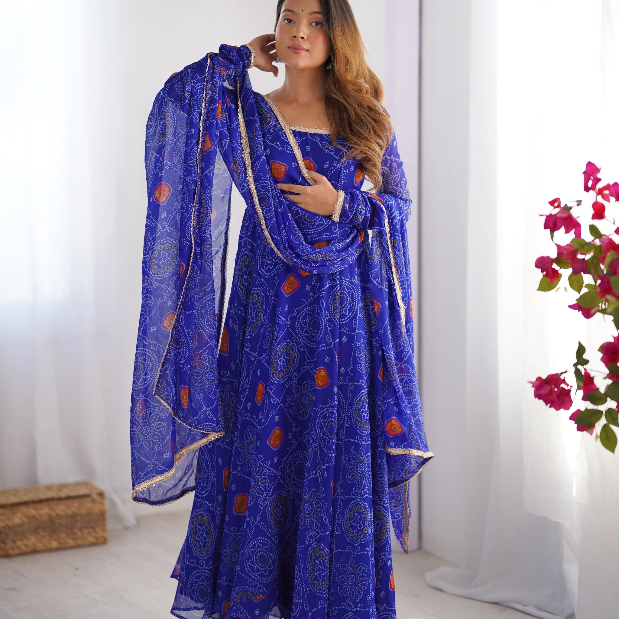 Royal Blue Color Bandhej Print Soft Chiffon Anarkali Gown