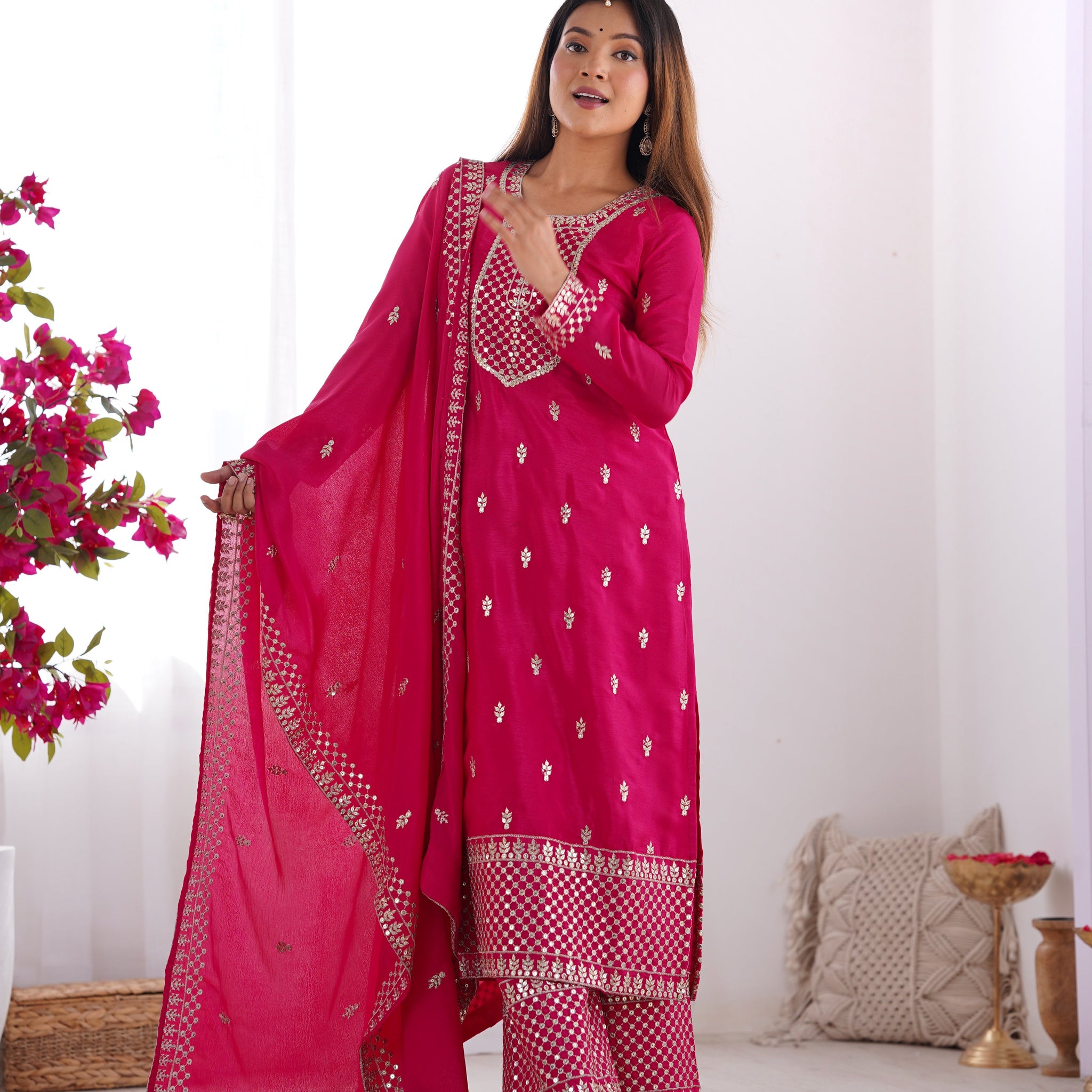 Rani Pink Color Chinon Silk Three Piece Kurti Suit
