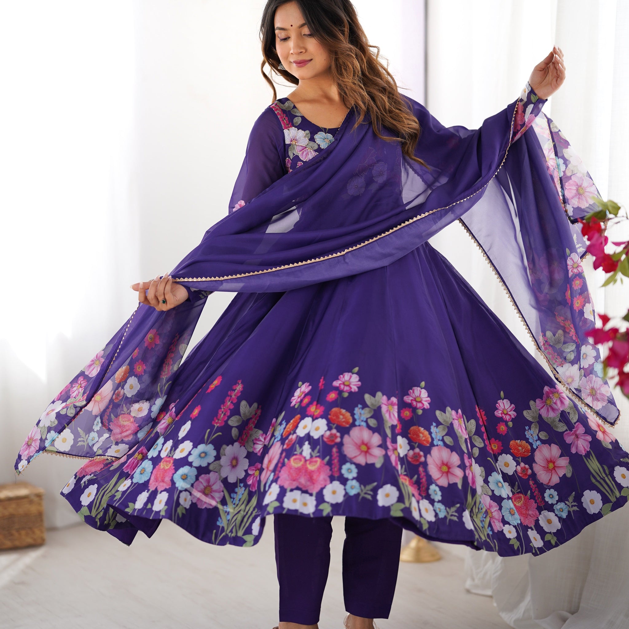 Purple Color Floral Print Organza Three Piece Anarkali Suit