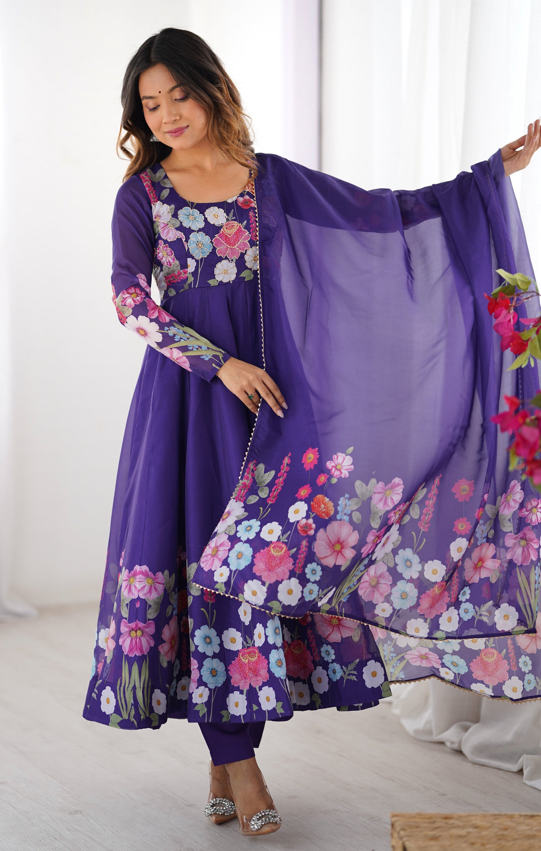 Purple Color Floral Print Organza Three Piece Anarkali Suit