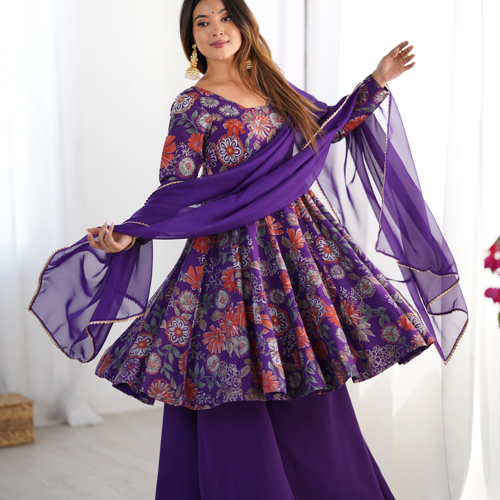 Purple Color Roman Silk Discharge Printed Plazzo Suit