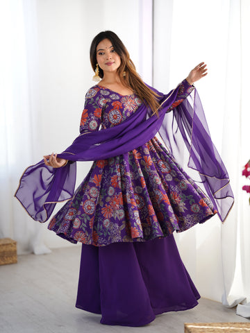 Purple Color Roman Silk Discharge Printed Plazzo Suit
