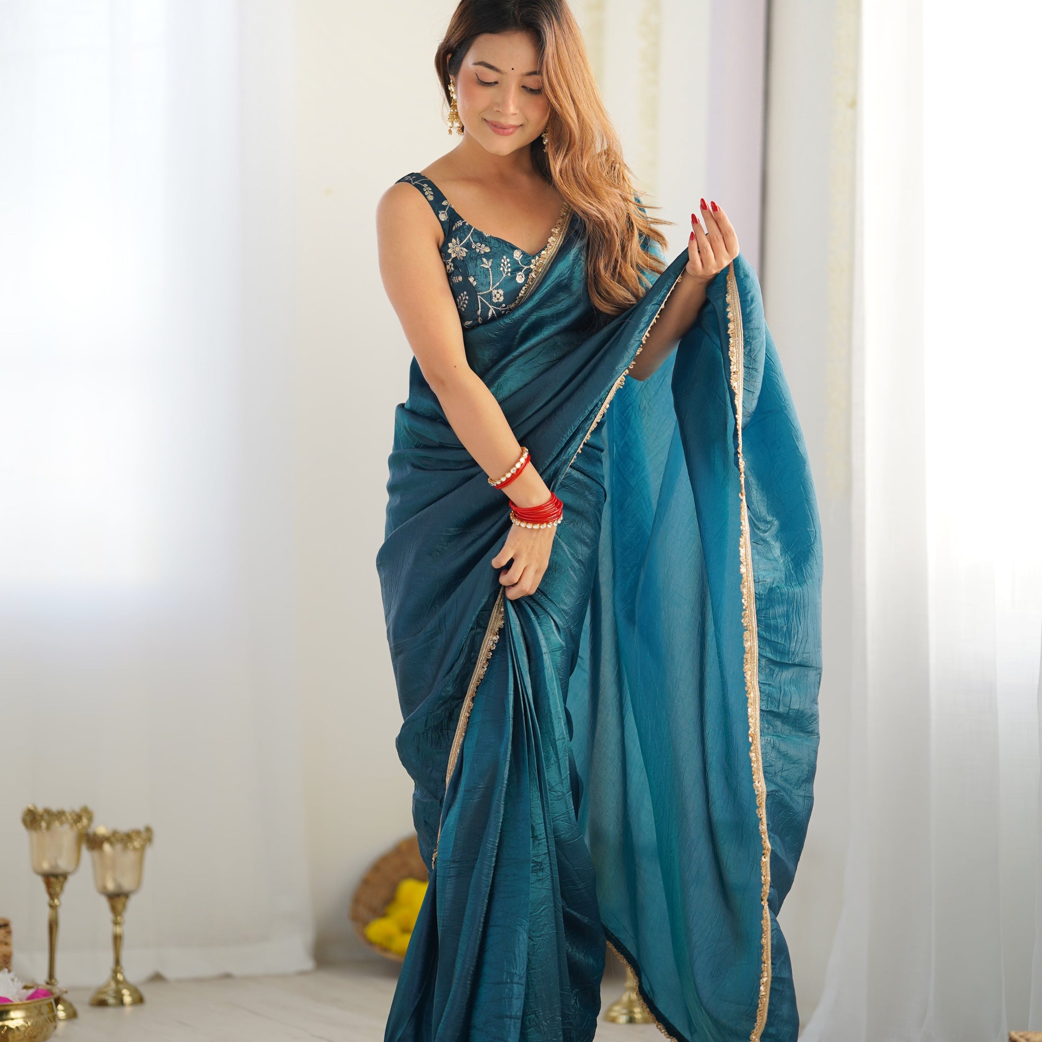 Teal Blue Color Tissue Silk Pre Draped Saree