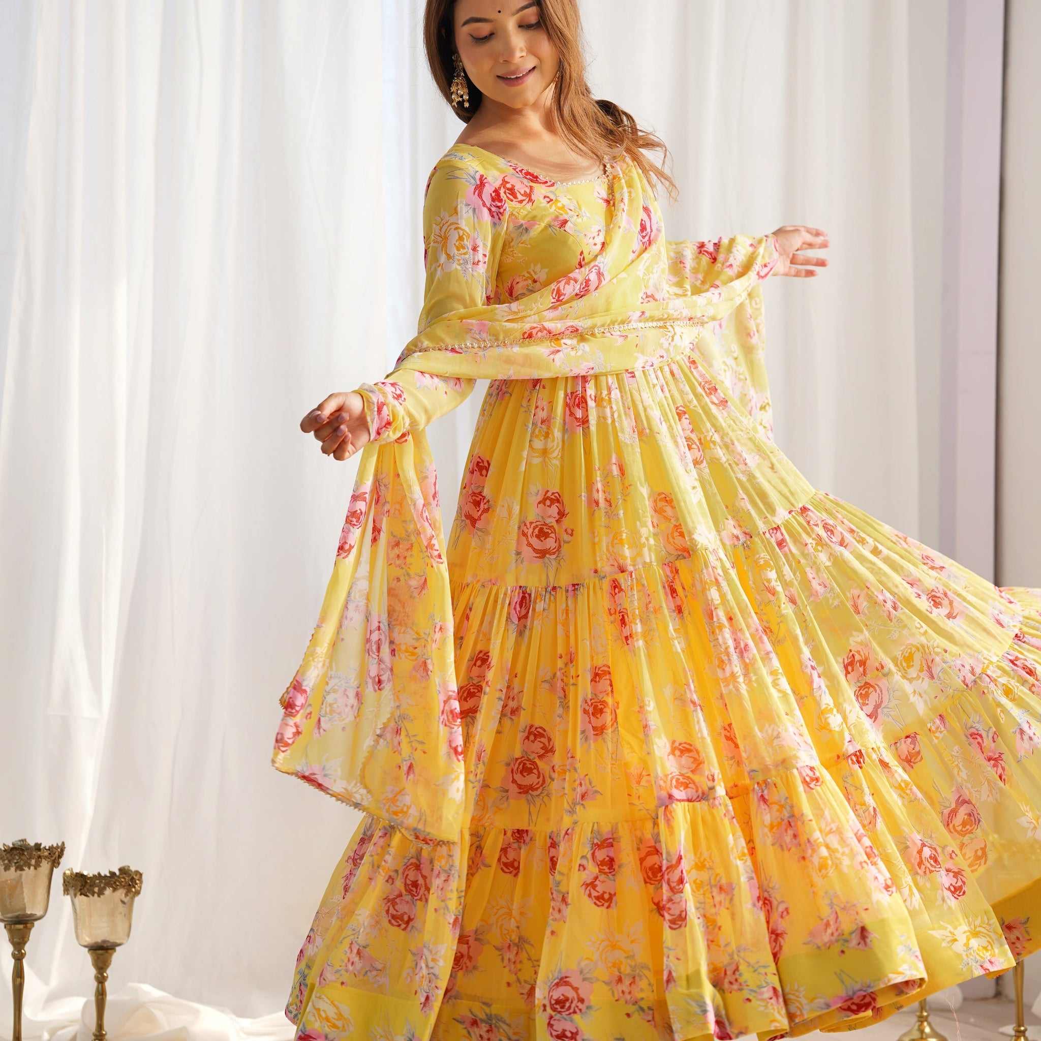 Floral Print Yellow Color Georgette Frill Anarkali Suit